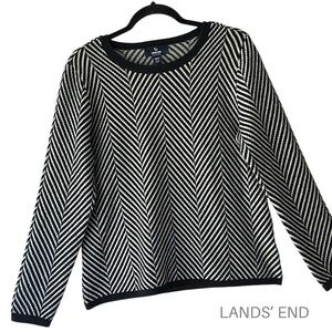 LANDS’ END | NWOT CASHMERE SWEATER CREWNECK BLACK WHITE CHEVRON | MEDIUM PETITE